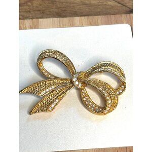 Vintage signed Roman Gold Tone Bow Brooch With Rhinestones